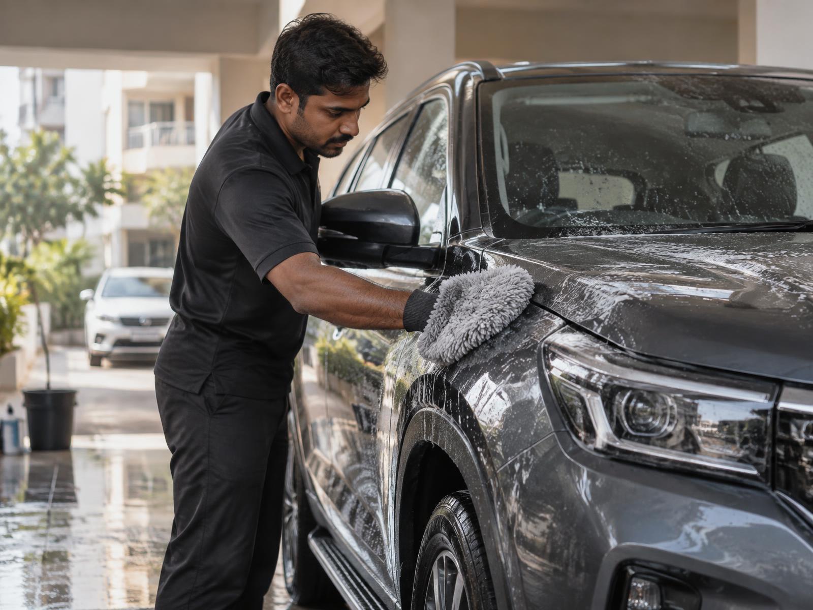 Car being hand-washed in residential parking
